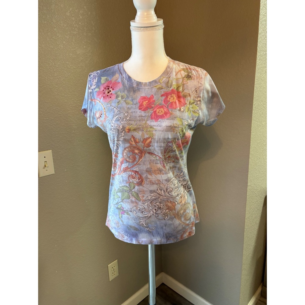 Yukiko Womens Floral Butterfly Graphic T-Shirt Blue Pink Rhinestone Size M